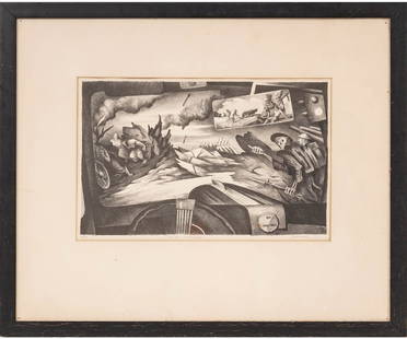 RARE BENTON MURDOCK SPRUANCE LITHO: Benton Murdoch Spruance (1904-1967, PA) rare framed and matted lithograph titled "The 30's Windshield", edition 30, pencil signed. 9.25" x 14.5" ss / 19.5" x 12.5" oa