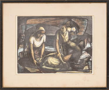 BENTON MURDOCK SPRUANCE LITHO: Benton Murdoch Spruance (1904-1967, PA) framed and matted color pencil lithograph titled "A Wind is Rising and the River Flows" edition 40, signed and dated '46. 15" x 19.75" ss / 23" x 28" oa