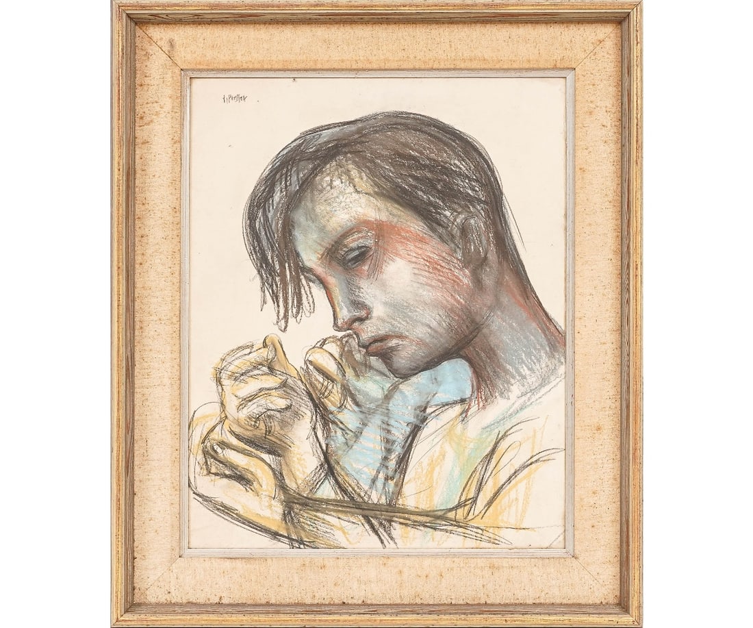PASTEL AND CRAYON PORTRAIT: Colorful pastel and crayon portrait of a young man, framed and matted, signed possibly H. Pieffer. 22.5" x 18" ss / 30" x 25.5" oa