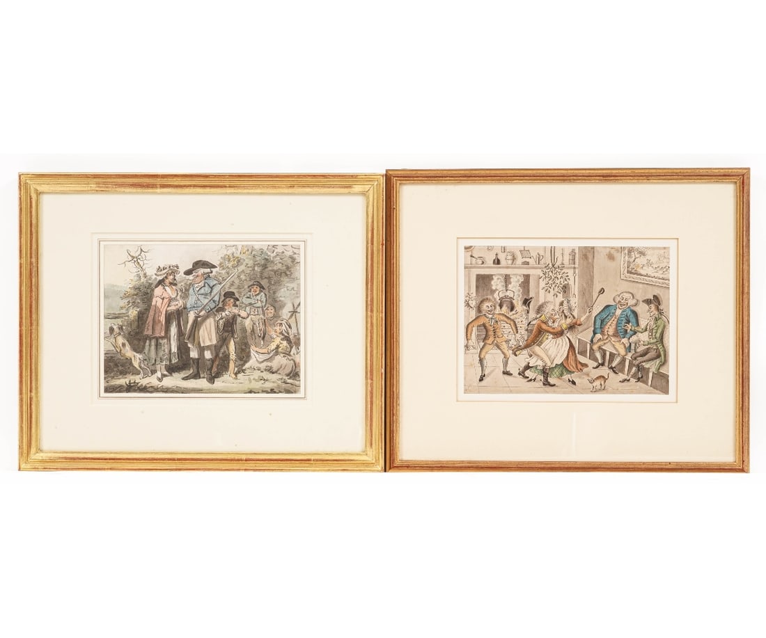 ISAAC CRUIKSHANK WATERCOLOR: Isaac Cruikshank (1789-1856, England) framed and matted pen & ink and watercolor titled "Christmas Under the Mistletoe" with a Fry Gallery, London, label; together with another Isaac Cruikshank waterc