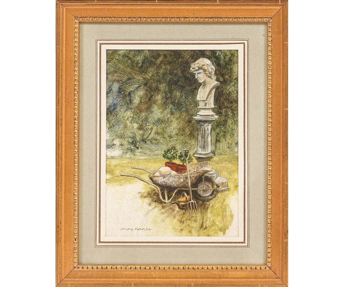 HENRY KOEHLER OIL ON PAPER: Henry Koehler (1927-2018, NY) oil on paper titled "Garden Guardian" 2003 with Gallery label. 11" x 8" ss / 16" x 13" oa