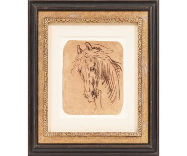 JAMES SEYMOUR PEN & INK: James Seymour (1702-1752, UK) framed and matted pen & ink on paper study of a horse's head. 6.375" x 6" ss / 13.5" x 13" oa