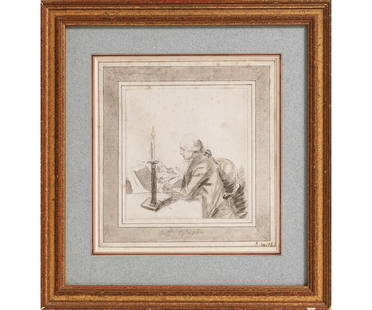 JOHN RAPHAEL SMITH PENCIL ON PAPER: John Raphael Smith (1752-1812, UK) framed and matted pencil on paper titled "Mr. West" (Benjamin West 1738-1820) showing West with a powdered wig sitting at a candle lit table. 8" x 8" ss / 12.5" x 12