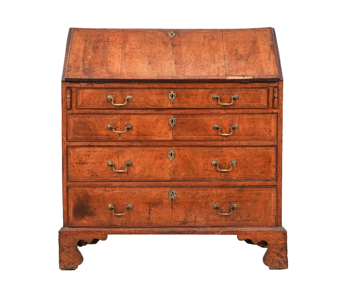 GEORGIAN SLANT LID DESK: Georgian inlaid walnut veneered slant lid desk circa 1790 with original brasses and locks. 40.5"h x 36"w x 20"d