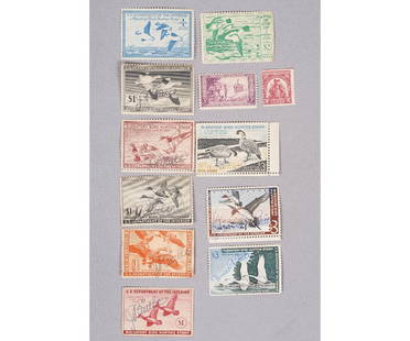 U.S. FEDERAL DUCK STAMPS: U.S. Federal Duck stamps to include: 1944-1950 (two unsigned); 1962-1964, and two postage stamps. 1.5"h x 2"w