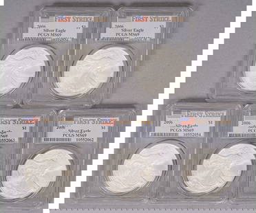 FIVE SILVER EAGLE LIBERTY ONE DOLLAR COINS: Five 2006 Silver Eagle Liberty one dollar coins, first strike. 1 Troy oz each / .999 Fine Coin: 1.5"dia / Case: 3.25" x 2.5"NOTE: All jewelry and coins require wire transfer, check or cash for payment