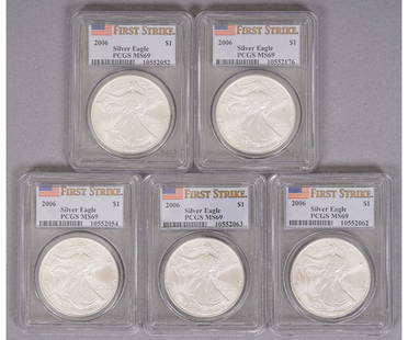 FIVE SILVER EAGLE LIBERTY ONE DOLLAR COINS: Five 2006 Silver Eagle Liberty one dollar coins, first strike. 1 Troy oz each / .999 Fine Coin: 1.5"dia / Case: 3.25" x 2.5"NOTE: All jewelry and coins require wire transfer, check or cash for payment