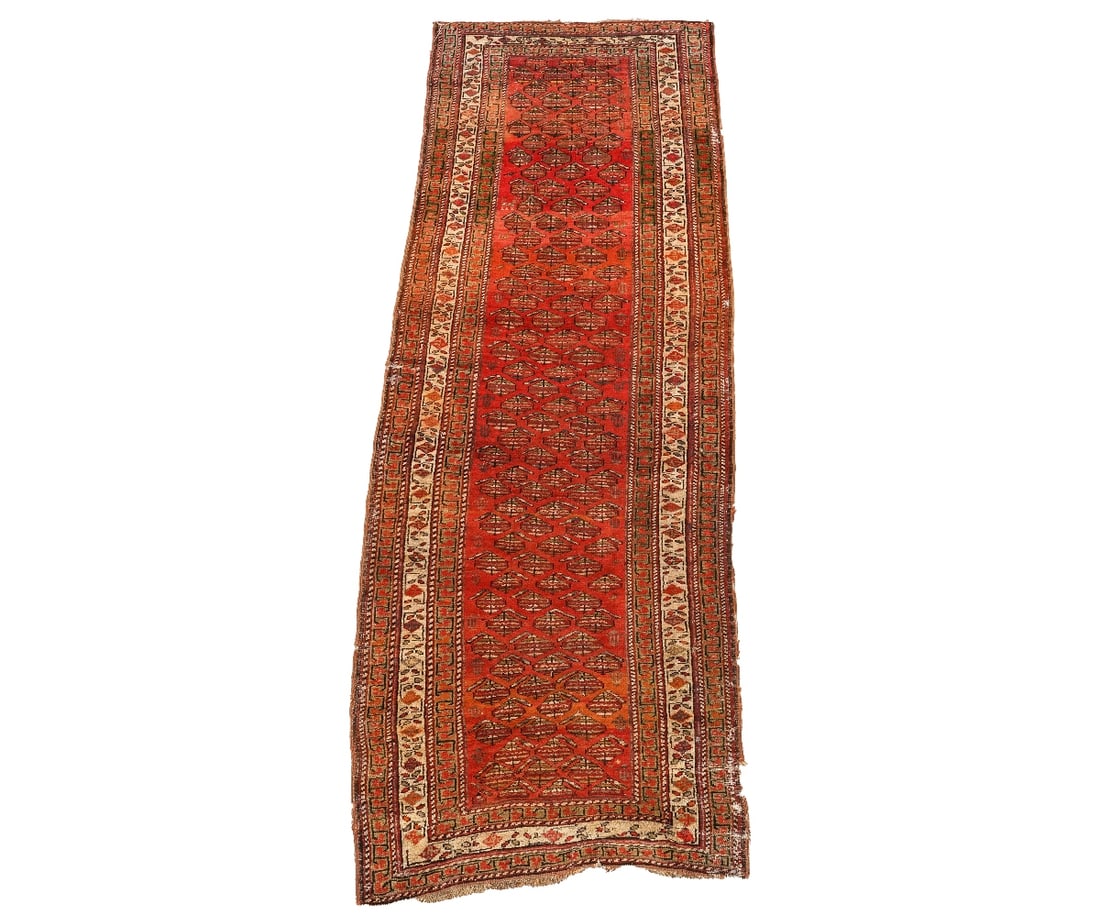 HAMADAN RUNNER: Hamadan runner with orange and red field. 9'9" x 3'7"