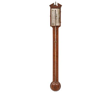 GEORGE III STICK BARAOMETER: George III mahogany inlaid stick barometer, signed "Tagliabue, London No. 294, Holborn, London. 38"h x 5.5"w