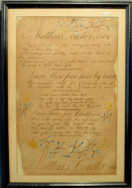 Fraktur by Mathias Custer 1818, with prayer verses,: Fraktur by Mathias Custer 1818, with prayer verses, "Directions for Children" and decorated with birds and tulips. 12.5"x8"
