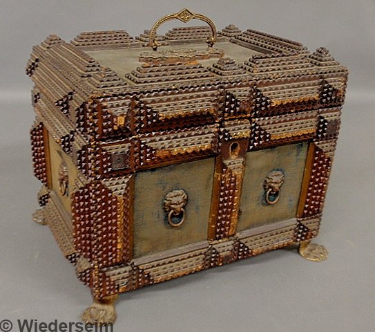 Tramp Art valuables box marked "Maria Emma, July 16: Tramp Art valuables box marked "Maria Emma, July 16, 1914" and with brass paw feet. 11"h.x13"w.x9.5"d.