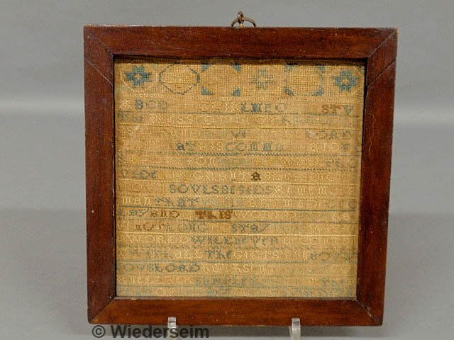 Early American miniature silk on linen sampler wrou: Early American miniature silk on linen sampler wrought by Sarah Cornell 1744, with verse. 7.5"x7.75"