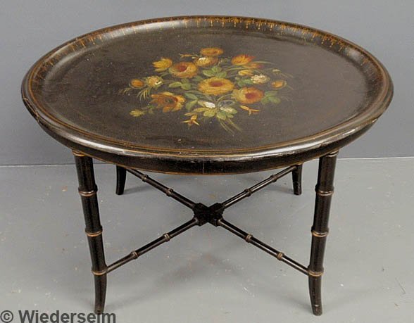 Black lacquer oval tray table with gilt and paint d: Black lacquer oval tray table with gilt and paint decoration and mother-of-pearl inlays. 19"h., top 30"x24"