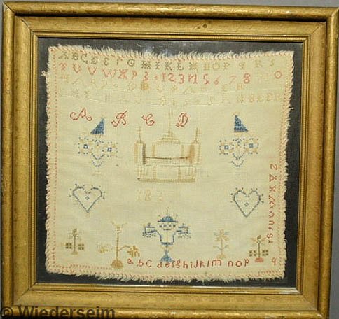 Pennsylvania German Mennonite sampler wrought by M: Pennsylvania German Mennonite sampler wrought by Mary Brubaker 1823, with ABC's, flowers and hearts. 10.5"x9.75"