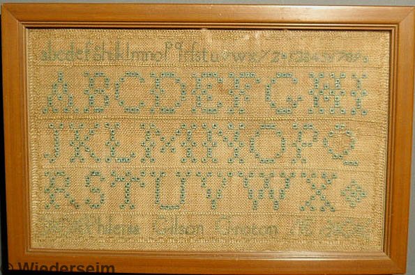 American silk on linen sampler wrought by Philena : American silk on linen sampler wrought by Philena Gilson, Groton, 1812, with ABC's. 7.75"x11.75"