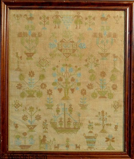 American silk on linen sampler dated 1801 and init: American silk on linen sampler dated 1801 and initialed "GC NIL", with figures, potted flowers, birds, etc. 15"x12.5"