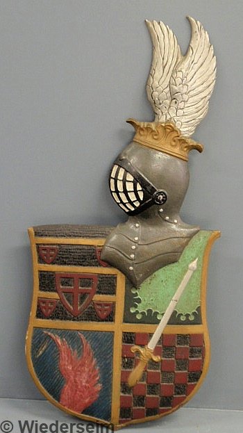 Cast iron armorial crest signed verso "Sir Thos.",: Cast iron armorial crest signed verso "Sir Thos.", c.1900. Repainted. 40"x18"