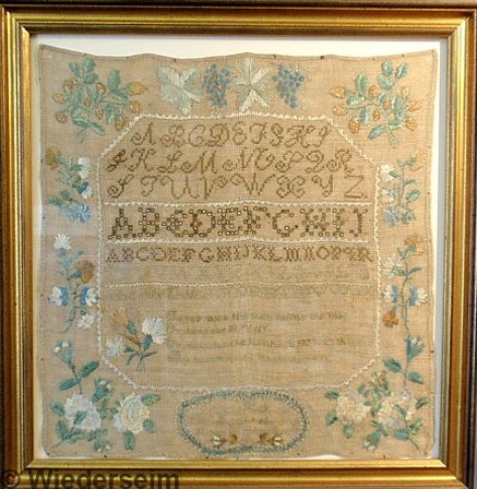 American silk on linen sampler, probably Chester C: American silk on linen sampler, probably Chester County PA, with ABC's, verse and name (illegible). 16.5"x16.5"