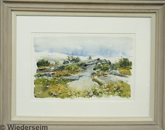 Jamison, Philip Duane, Jr. [American/Pennsylvania: Jamison, Philip Duane, Jr. [American/Pennsylvania, b.1925] watercolor painting of a seaside cliff with rock, wildflowers and seagulls titled verso "Island Ledges" and signed l.r. "Philip Jamison". 12"