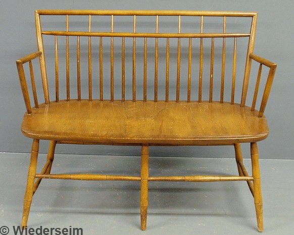 Windsor style maple settee by American Colonial Fu: Windsor style maple settee by American Colonial Furniture Co. 33"h.x42"w.x18"d., seat 17"h.
