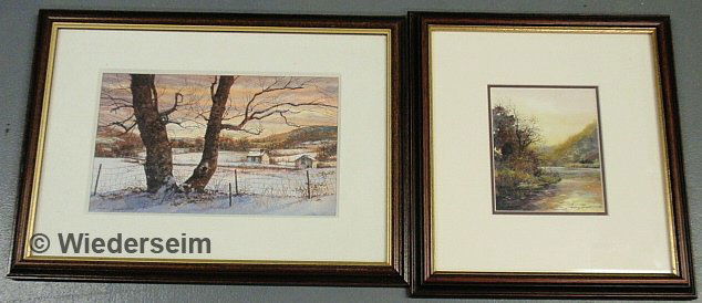 Two framed and matted watercolor paintings, a farm: Two framed and matted watercolor paintings, a farm snow scene 7"x11" and a fall stream landscape titled Autumn Serenity" 6"x5", both signed "Claude W. Bernardin" (20th c. Chester County Pennsylvania).