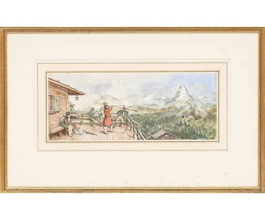 JOHN STRICKLAND GOODALL GOUACHE: John Strickland Goodall (1908-1996, UK) framed and matted gouache on paper titled "Victorians Abroad Switzerland" with Christopher Wood Gallery, London label. 8" x 16.5" ss / 14.25" x 22.5" oa