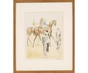 JOHN COPLEY COLOR LITHOGRAPH: John Copley (1875-1950, UK) framed and matted color lithograph titled "In the Paddock" signed in pencil with Fine Art Society, London label. 12.25" x 10" ss / 19.85" x 15.75" oa