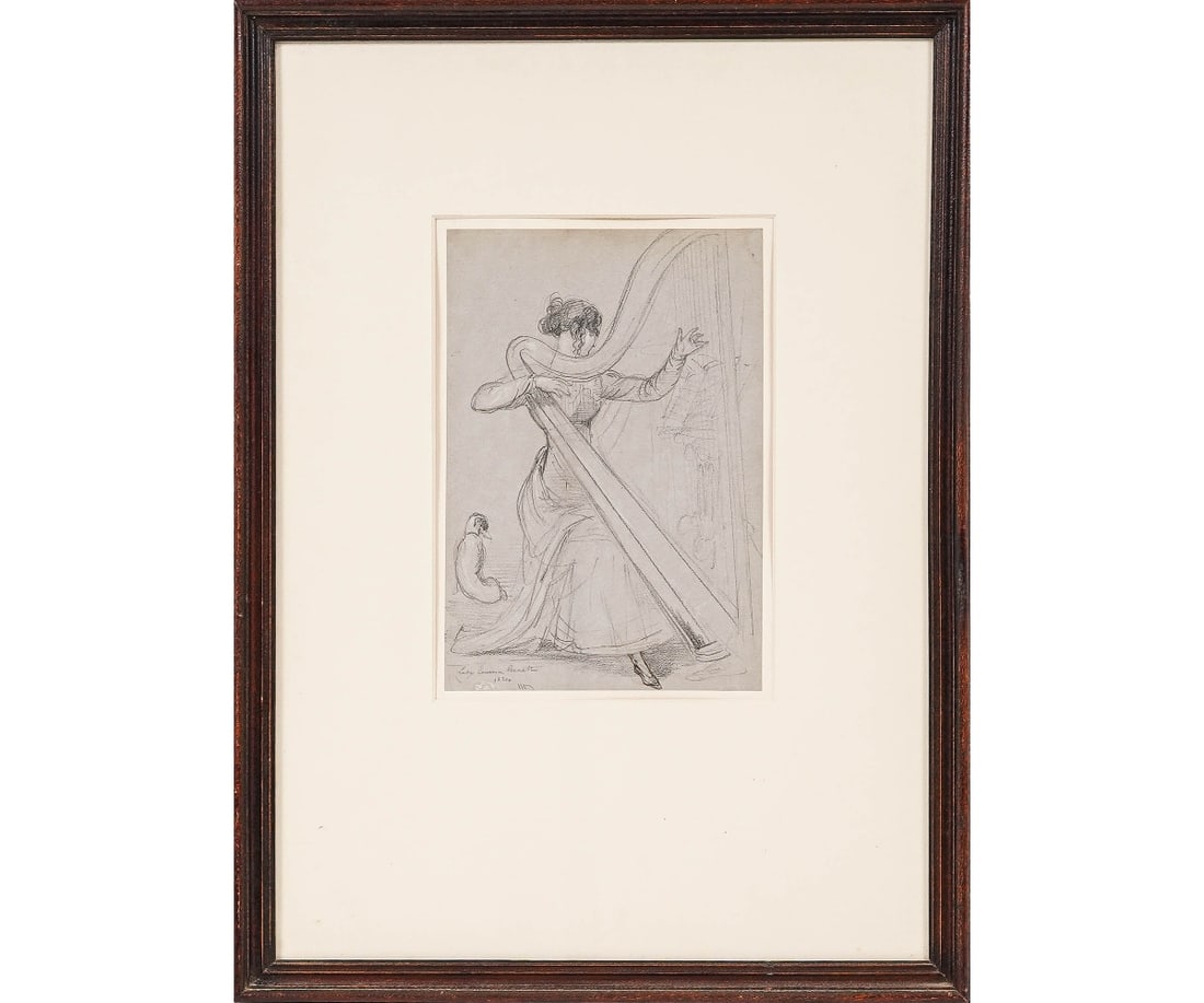 JOHN HAYTER CRAYON: John Hayter (1800-1891, UK) framed and matted Lady Emma Bennet (1807-1876) playing the harp, black crayon, signed with monogram, inscribed and dated 1824. 11.5" x 8" ss / 23.5" x 17.5" oa