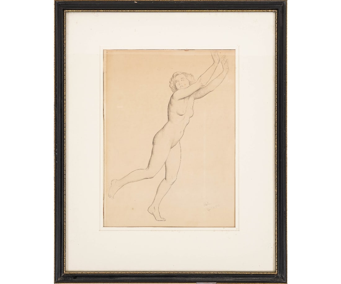 WILLIAM MCGREGOR PAXTON NUDE: William McGregor Paxton (1869-1941, MD) framed and matted pencil female nude titled "Studi for Nausicaa", signed and dated Apr. 27, 1931, with Voss Galleries, Boston label. 13.5" x 9.75" ss / 21.5" x
