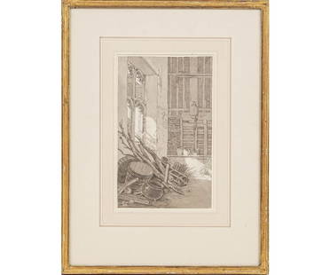 JOHN WHITE ABBOTT PEN & INK: John White Abbott (1763-1851, England) framed and matted pencil/pen/ink and grey wash titled "The Interior of a Derelict Church" with Agnew's Gallery, London label. 9" x 5" ss / 16.5" x 12.75" oa