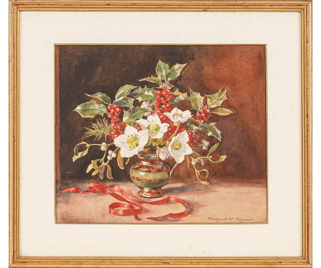 MARGARET W. TARRANT WATERCOLOR: Margaret Winifred Tarrant (1888-1959, UK illustrator artist) framed and matted still life of flowers titled "Winter Arrangement" with Fry Gallery, London label. 9" x 10.5" ss / 13.5" x 15" oa