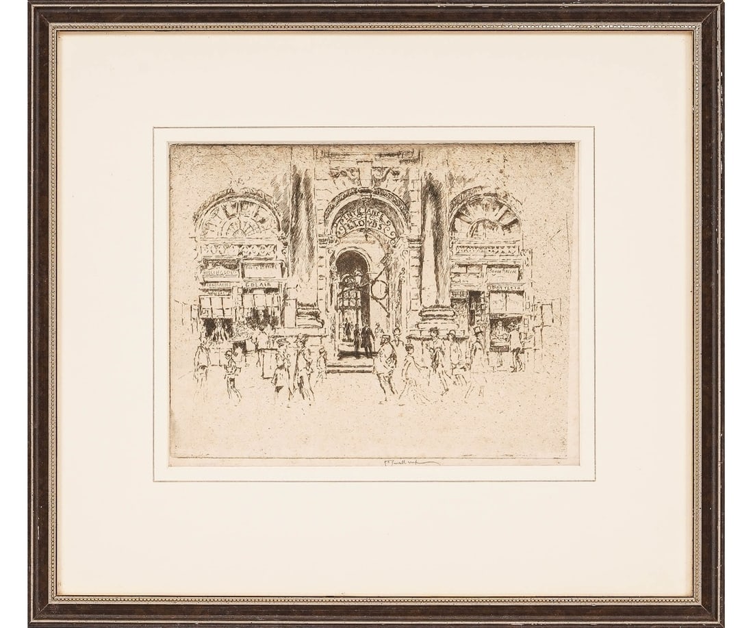 JOSEPH PENNELL ETCHING: Joseph Pennell (1857-1926, American) framed and matted etching titled "Entrance to Lloyds" (of London), dated 1895 and one of fifteen proofs. 7.5" x 9.5" ss / 14.75" x 16.5" oa