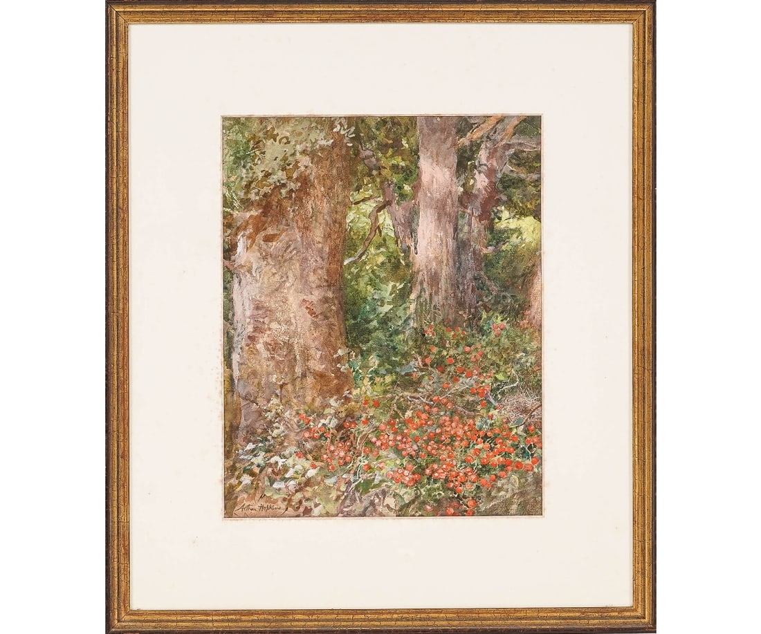 ARTHUR HOPKINS WATERCOLOR: Arthur Hopkins (1848-1930, UK) framed and matted watercolor of a forest with flowers and a Charles Sessler, Inc. label. 12" x 10" ss / 19.5" x 17" oa