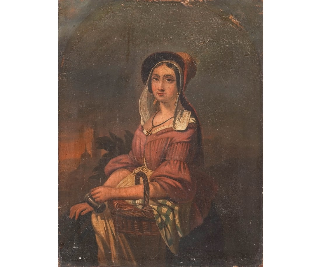 OIL ON PANEL PORTRAIT: Oil on panel portrait of a woman with a basket and holding a pewter vessel, unsigned and unframed, 19th c. 10.5" x 8" oa