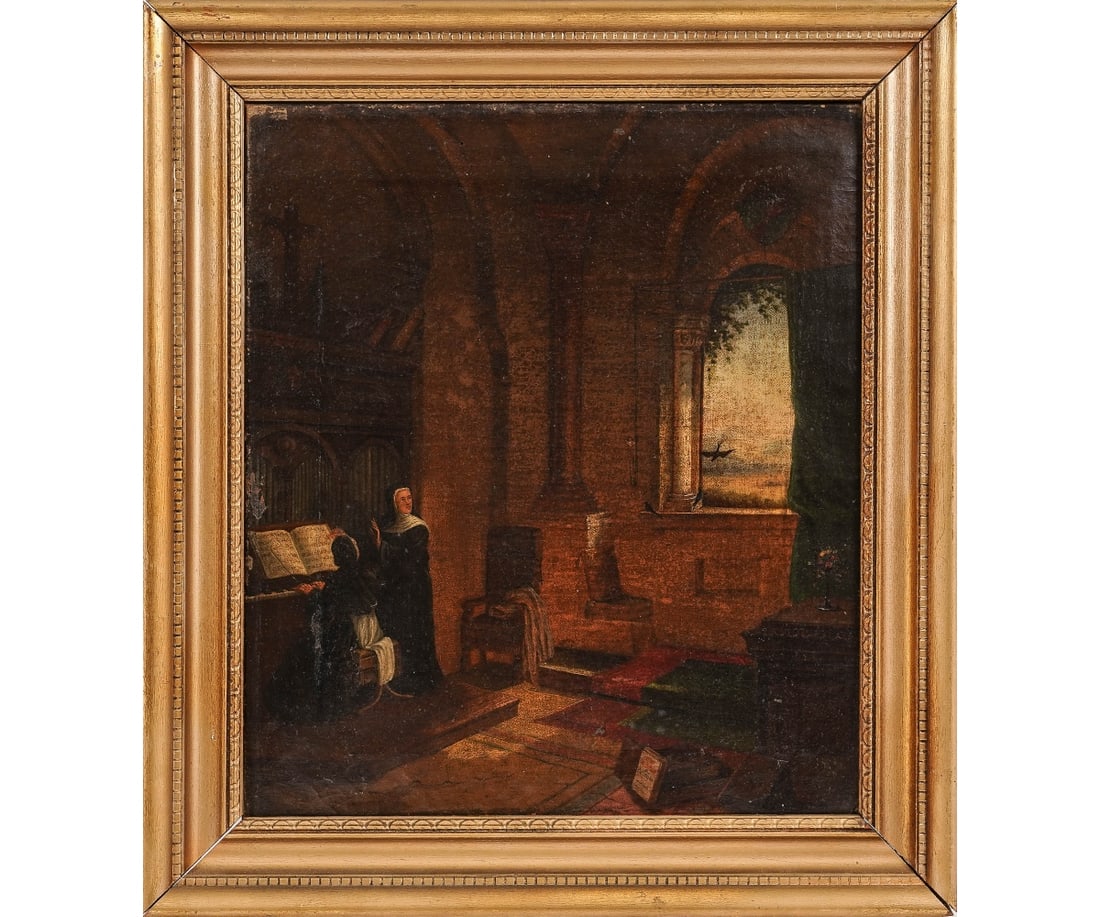 OIL ON CANVAS INTERIOR CHURCH SCENE: Oil on canvas of an interior church scene with nuns playing an organ and a swallow bird at the window, unsigned, mounted in a gilt frame of a later date. 15.5" x 13" ss / 19.5" x 17.5" oa