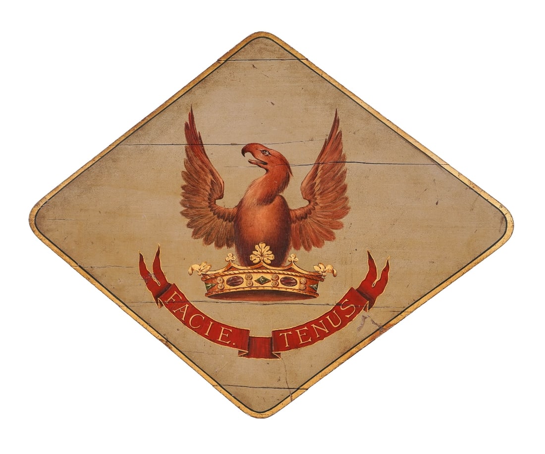FAMILY CREST PAINTED ON BOARD: Family crest painted on board with an eagle, crown and motto "Facie Tenus", probably of English origin, late 19th c. 25.75" x 32.5" oa