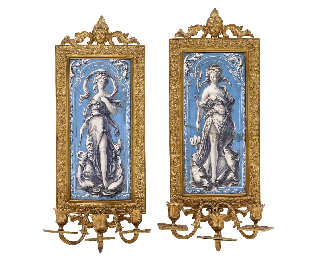 PAIR PORCELAIN & FIRE GILT SCONCES: Pair of Milliet & Cie Creil Montereau French porcelain and fire gilt wall sconces. 19"h x 9"w x 5"d