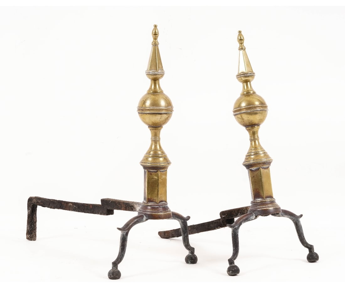 PAIR BRASS FEDERAL ANDIRONS: Pair of New York brass Federal andirons, circa 1790. 19"h x 9"w x 17.75"d