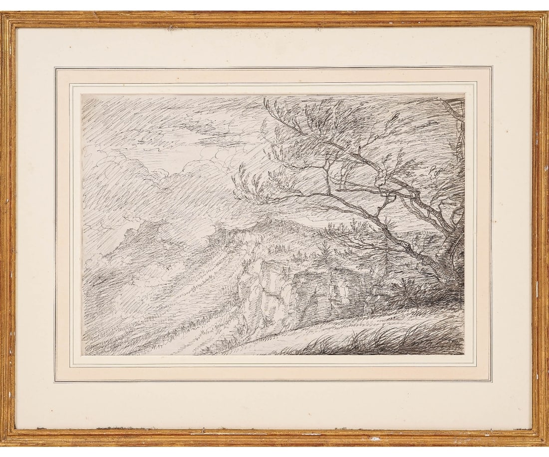 RAPHAEL LAMAR WEST PEN & INK: Raphael Lamar West (1769-1850, NY/UK) framed and matted (no glass) pen and ink wash titled "The Catskill Mountains" watermarked J. Whatman with a Spink Gallery, London, label. 13" x 19" ss / 22" x 27.