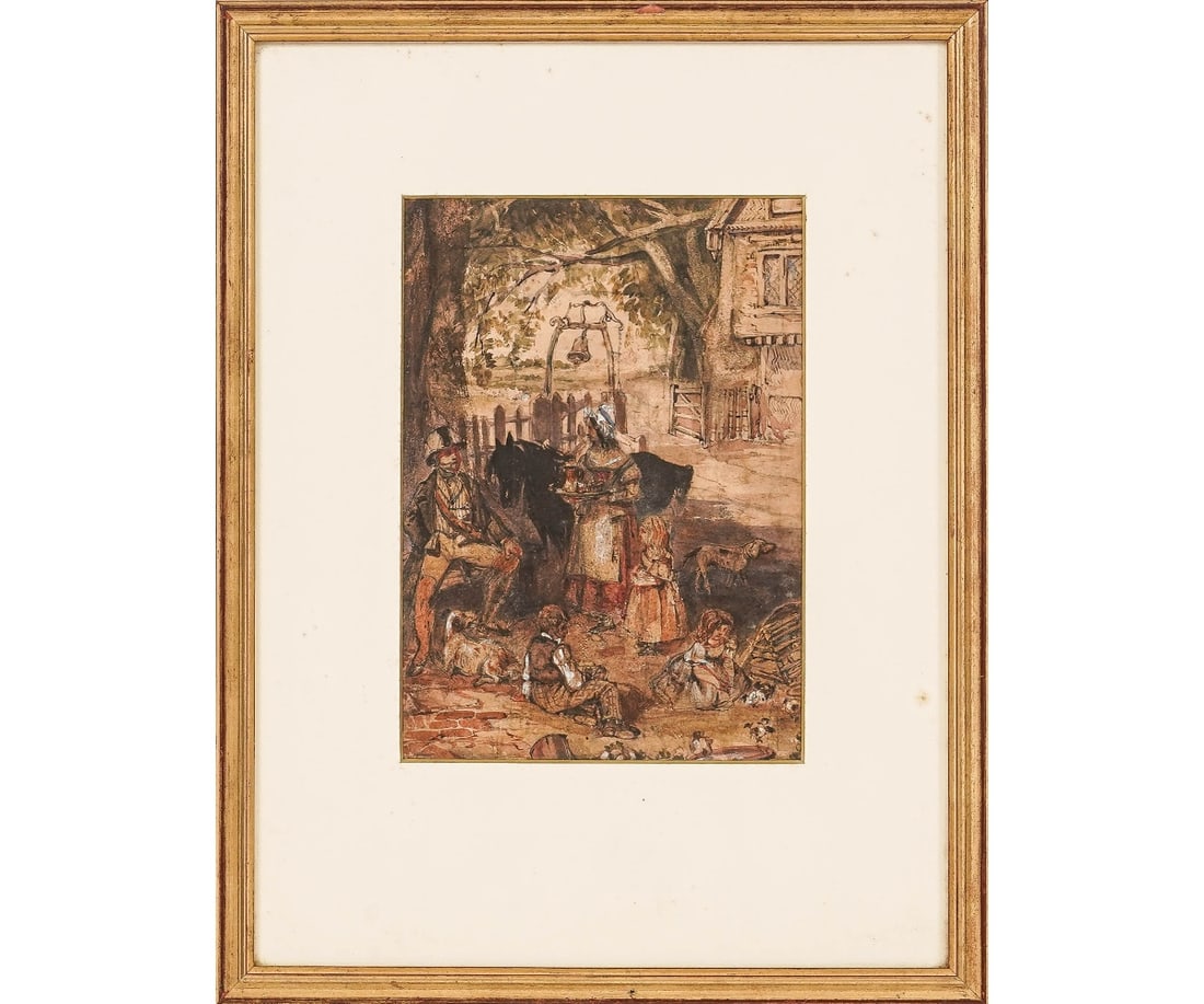 WILLIAM COLLINS WATERCOLOR: William Collins (1788-1847, UK) framed and matted watercolor of a traveler resting outside an inn, with a Fry Gallery, London label. 10" x 7.25" ss / 18" x 14" oa
