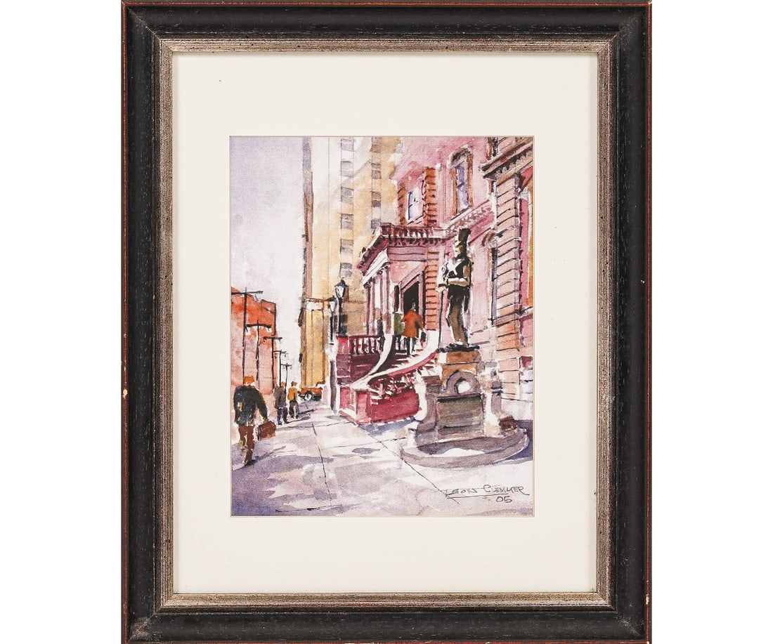 PHILADELPHIA UNION LEAGUE WATERCOLOR: Leon Clemmer framed and matted watercolor of the Union League, Philadelphia, PA, dated '05 (2005). 9.5" x 7.5" ss / 16.25" x 13.25" oa