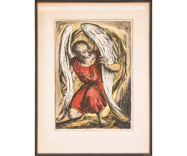 BENTON MURDOCH SPRUANCE LITHOGRAPH: Benton Murdoch Spruance (1904-1967, American) framed and matted color lithograph titled "Fallen Angel" 24/40, pencil signed. 19" x 13.5" ss / 27" x 20.5" oa