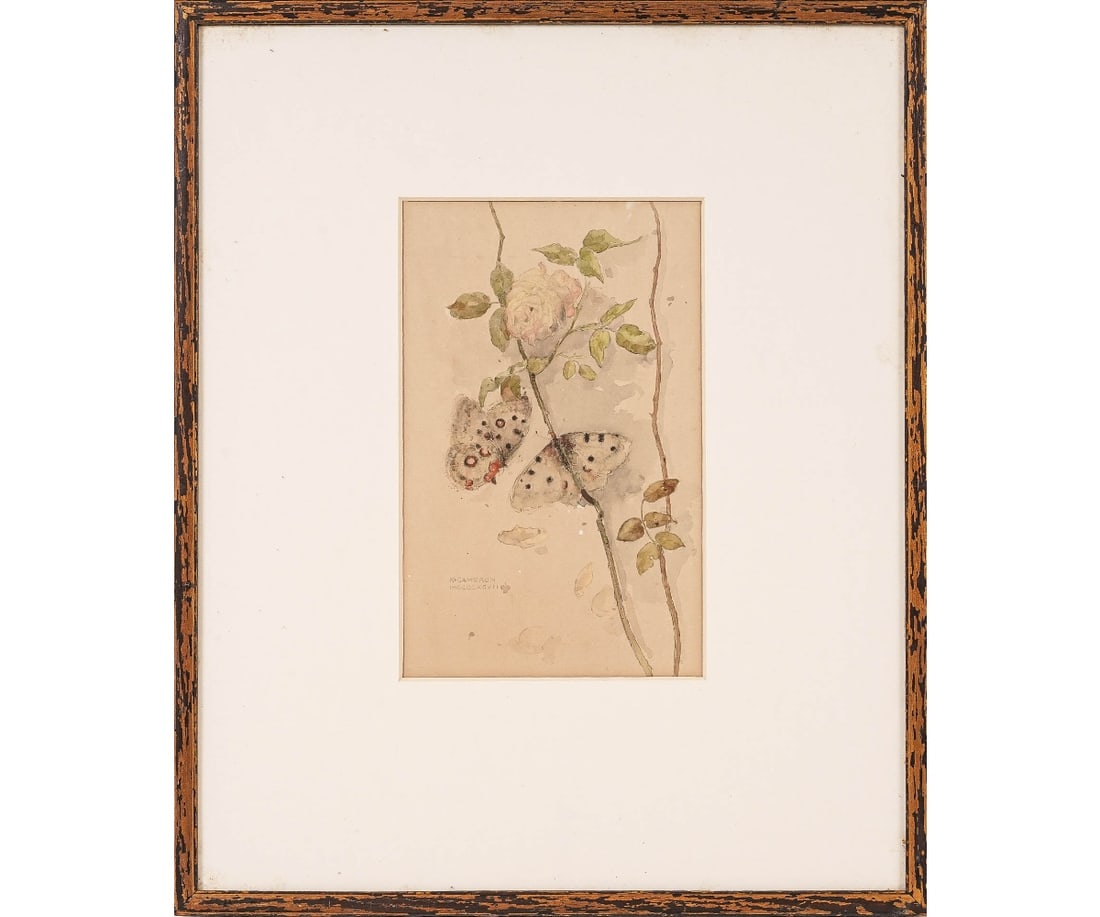 KATHERINE CAMERON WATERCOLOR: Katherine Cameron (1874-1965, UK) framed and matted watercolor titled "Butterfly's and Rose" dated 1897 with an Ewan Mundy Fine Art Gallery London label.11" x 7" ss / 21" x 17.5"oa