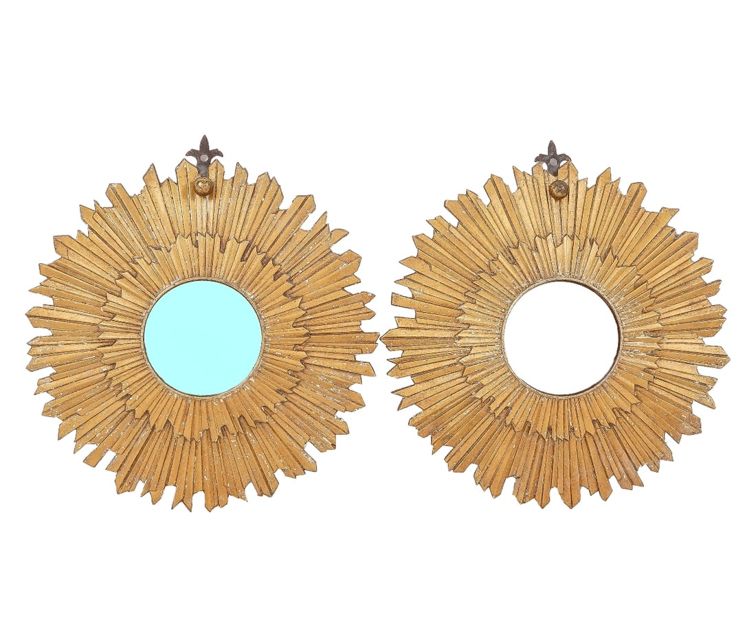 PAIR SUN BURST MIRRORS: Pair of French style bronze sun burst mystery mirrors with convex glass and wood backs, circa 1900. Each: 1.5"h x 11"dia