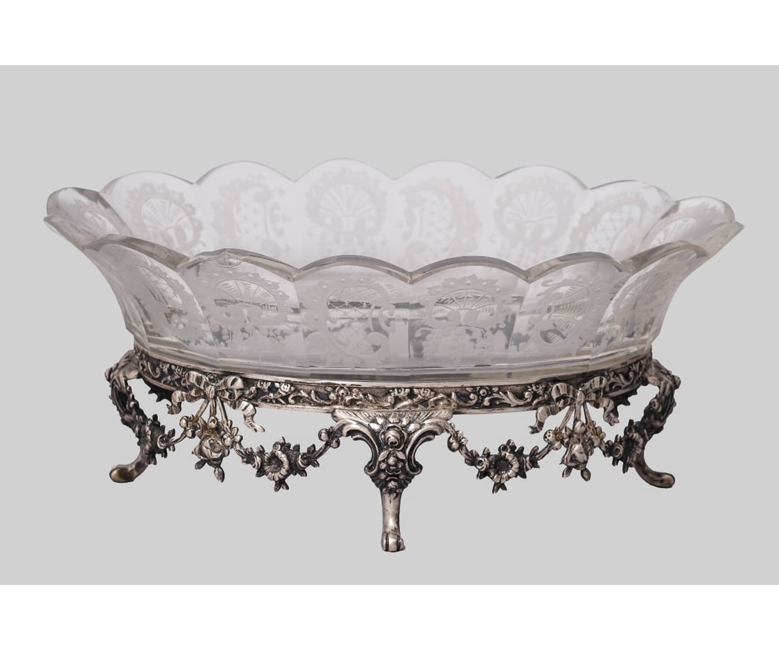 GERMAN SILVER AND CRYSTAL ETCHED DISH (1 of 7)
