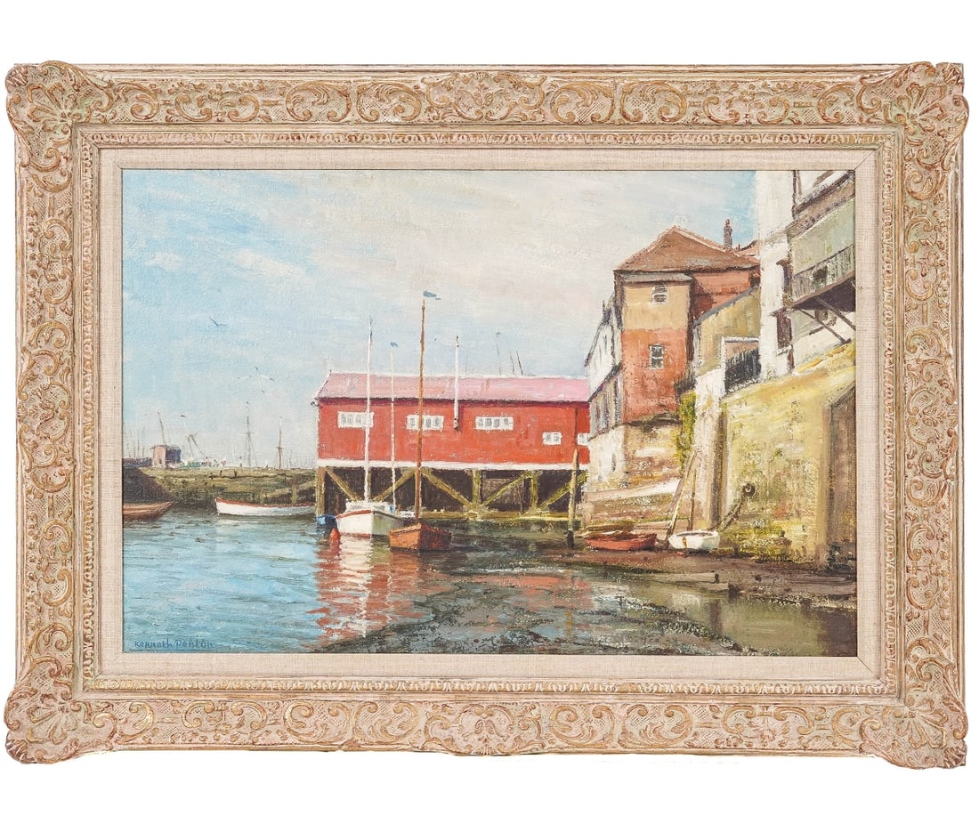 KENNETH DENTON OIL ON BOARD: Kenneth Denton (b. 1932) oil on board titled "The Red Boathouse" with Newman Galleries label, mounted in a carved frame. 15.5" x 23.5" ss / 22" x 29.5" oa