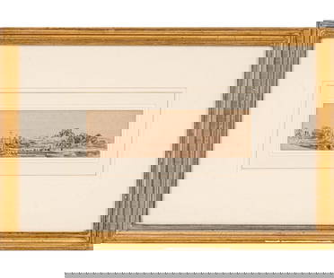 PETER DE WINT PEN & INK: Peter De Wint (1784-1849, UK) framed and matted pen and brown ink and grey wash of Lincoln Cathedral with a Spink Gallery, London label and provenance list. 2.5" x 7.5" ss / 10.25" x 15" oa