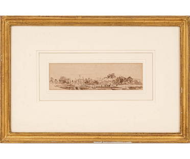 PETER DE WINT PEN & INK: Peter De Wint (1784-1849, UK) framed and matted pen and brown ink and grey wash of Lincoln Cathedral with a Spink Gallery, London label and provenance list. 2.5" x 7.5" ss / 10.25" x 15" oa