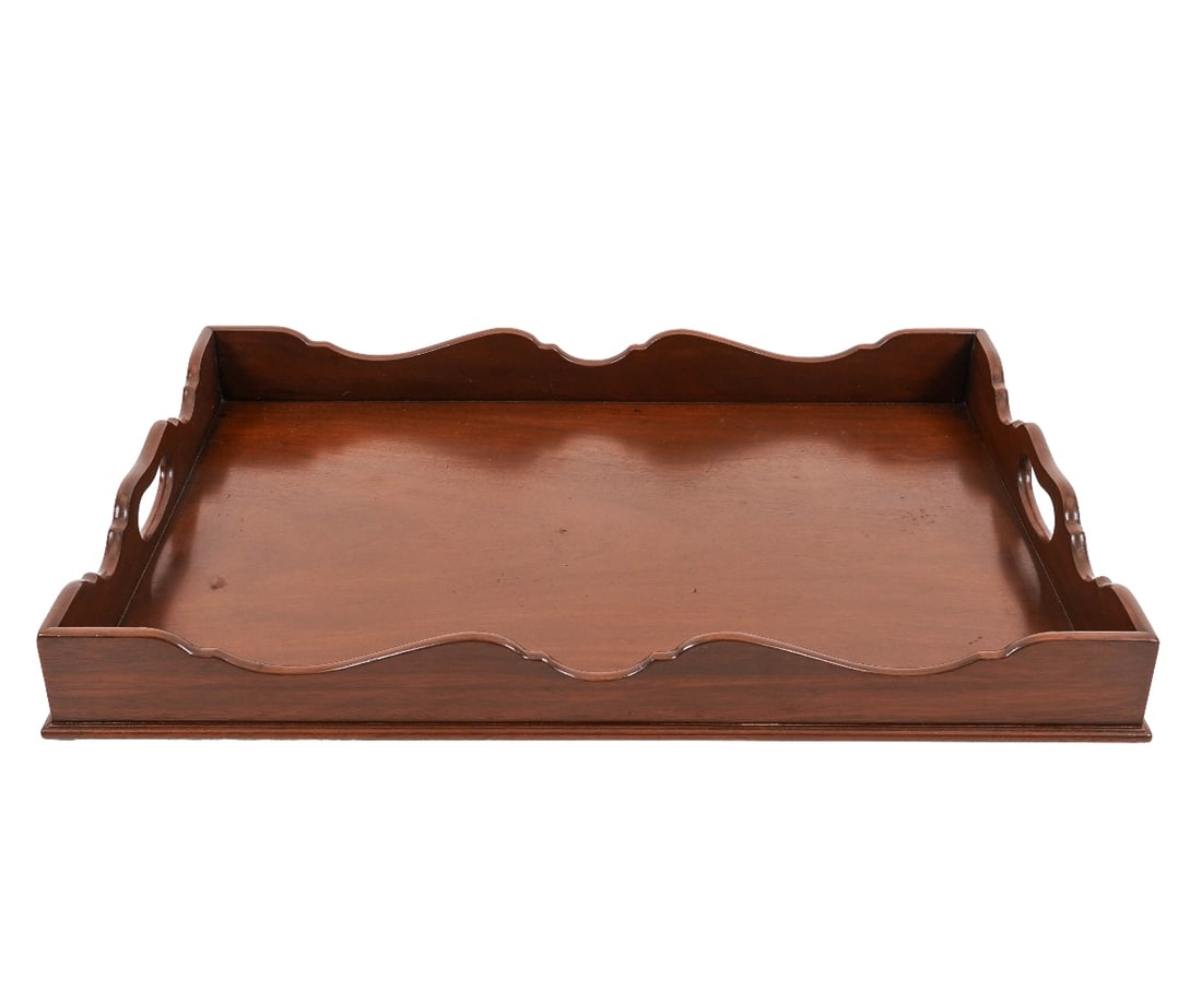 KITTINGER SERVING TRAY: Kittinger mahogany serving tray with scalloped edges. 3"h x 27"w x 19"d