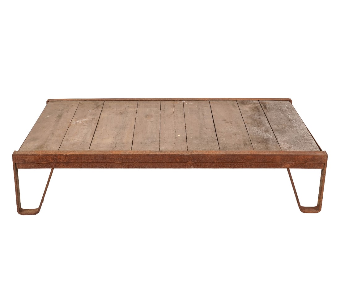 INDUSTRIAL PALLET TABLE: Industrial metal and wood pallet table with Lewis-Sheppard label. 13"h x 36" w x 60"d